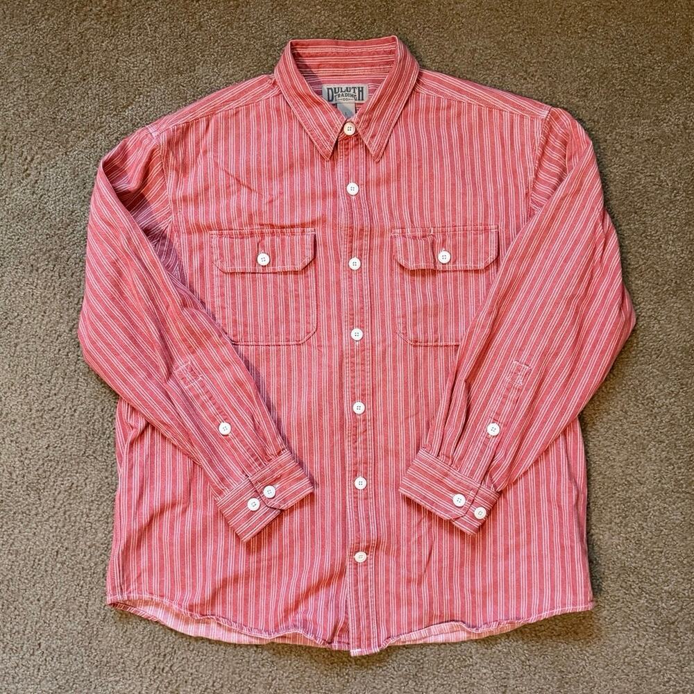 Duluth Trading Co Men's Large Red White Hickory Stripe Work Shirt Long Sleeve